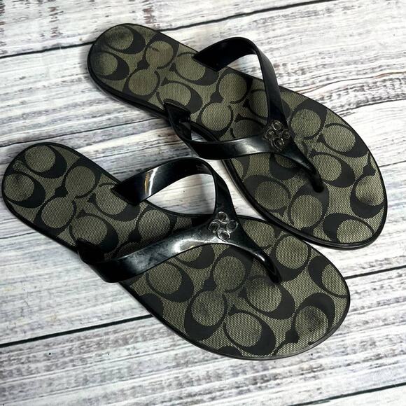 Coach Trixie Flip Flop Sandals Black Signature C Women's Shoes 7 - Picture 1 of 3